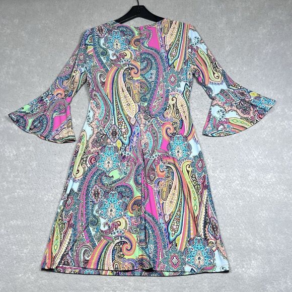 Tommy Hilfiger A Line Dress Size 4 Colorful Paisley Bell Sleeve Boho Dress - Picture 8 of 11